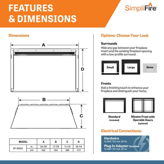 SimpliFire SF-INS25 25" Plug-In Electric Fireplace Insert