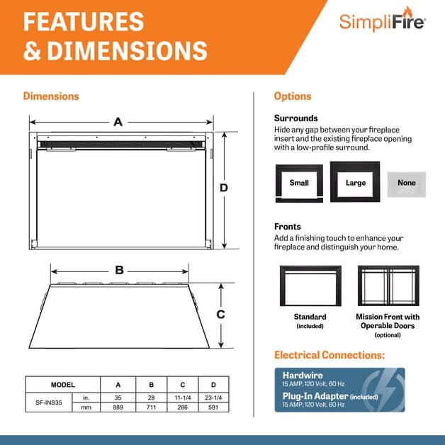 SimpliFire SF-INS35 35" Plug-In Electric Fireplace Insert