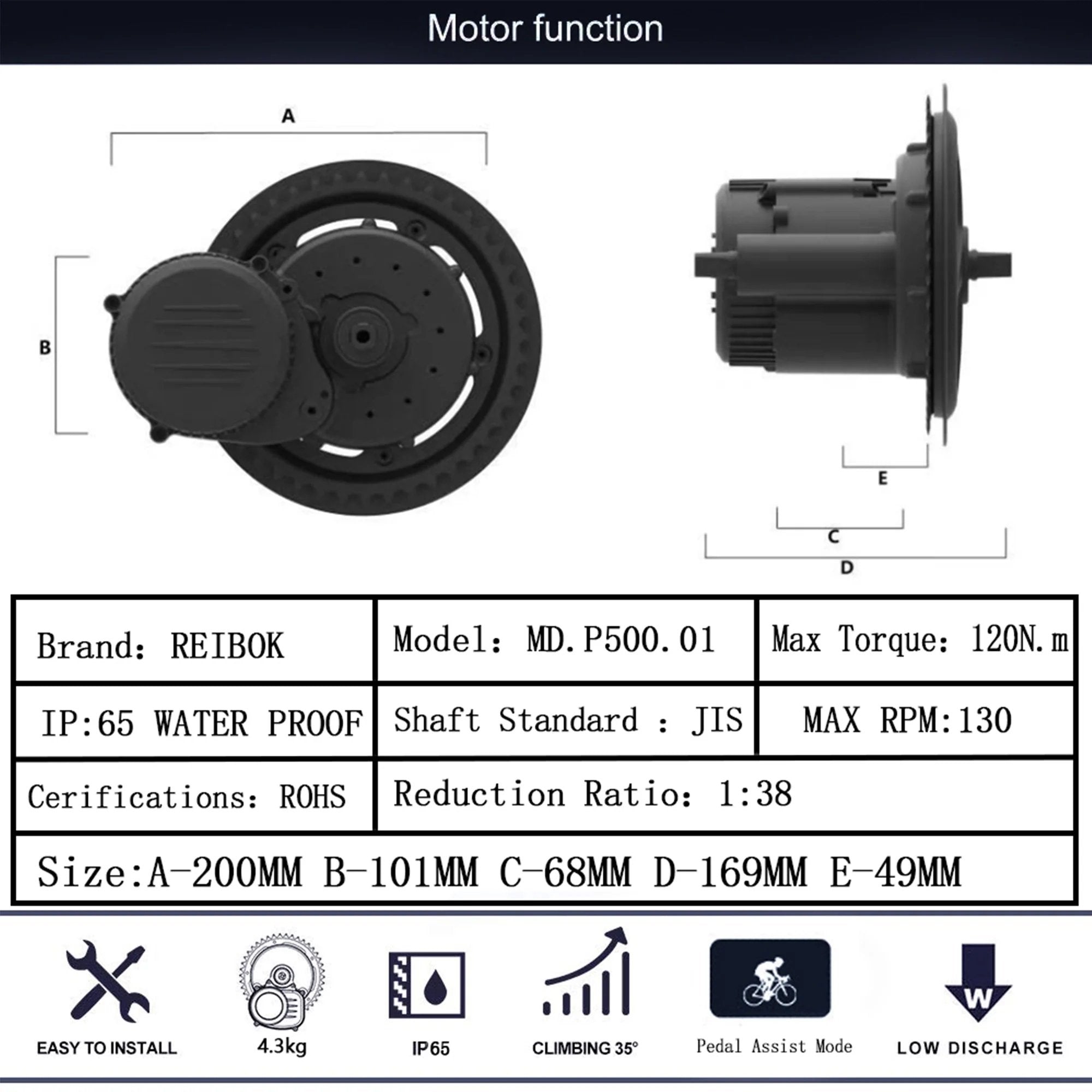 Rattan Replacement REIBOK 48V 500W Mid Drive Motor For Electric Bikes