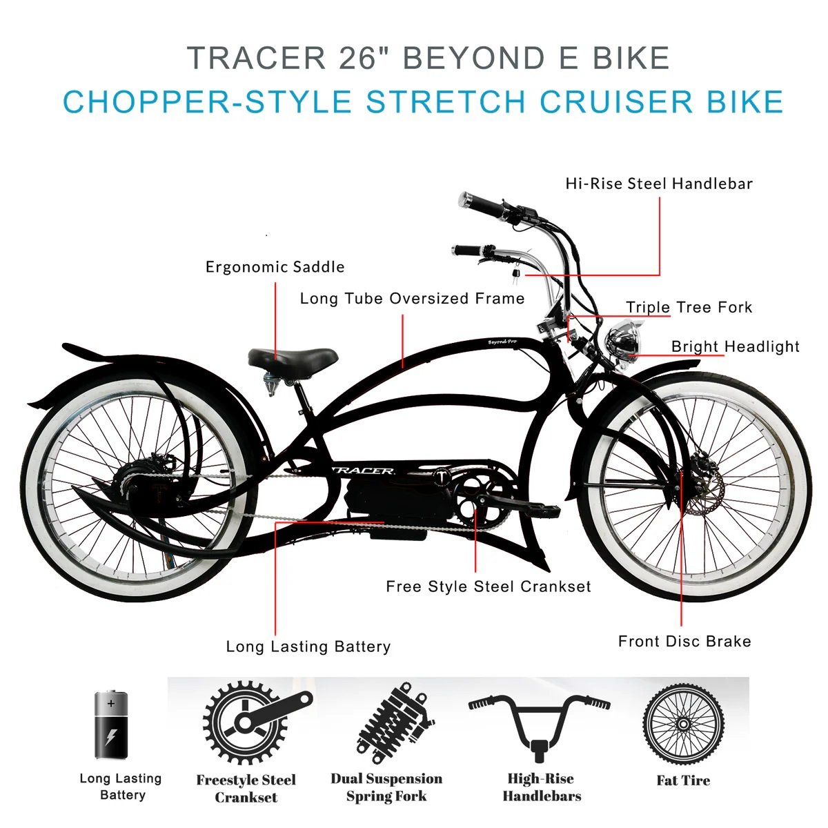 Tracer BEYOND PRO 26" 800W Classic Stretch Fat Tire Chopper Cruiser Electric Bike