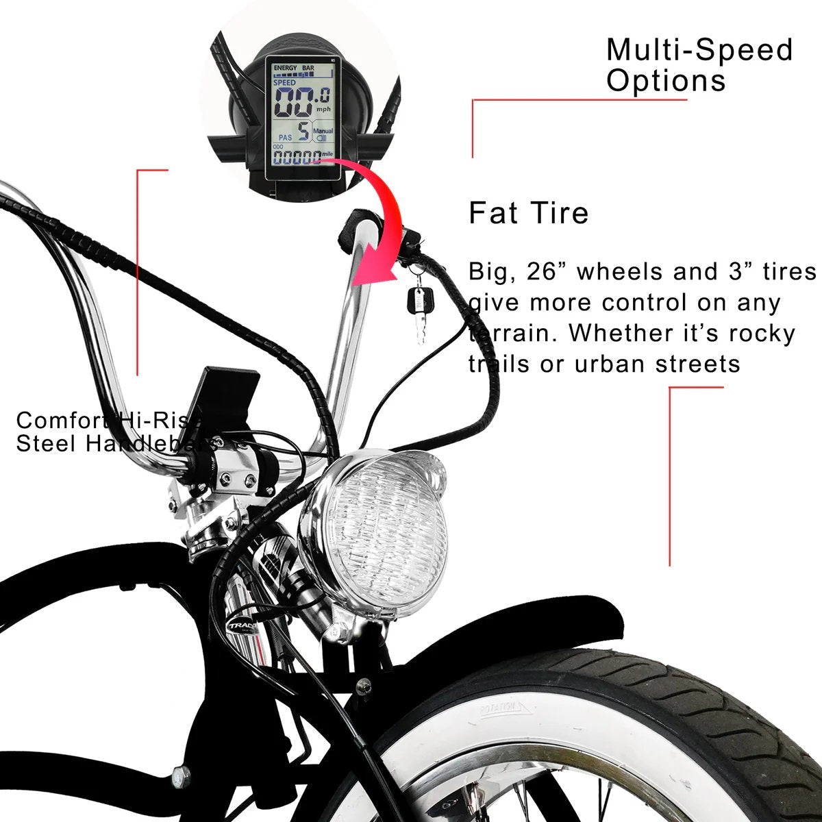 Tracer BEYOND PRO 26" 800W Classic Stretch Fat Tire Chopper Cruiser Electric Bike